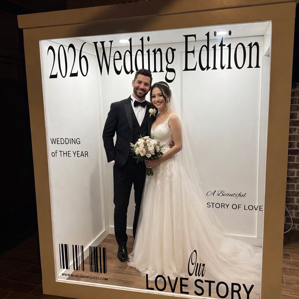 A bride and groom standing inside the Magazine Photo Booth cover frame