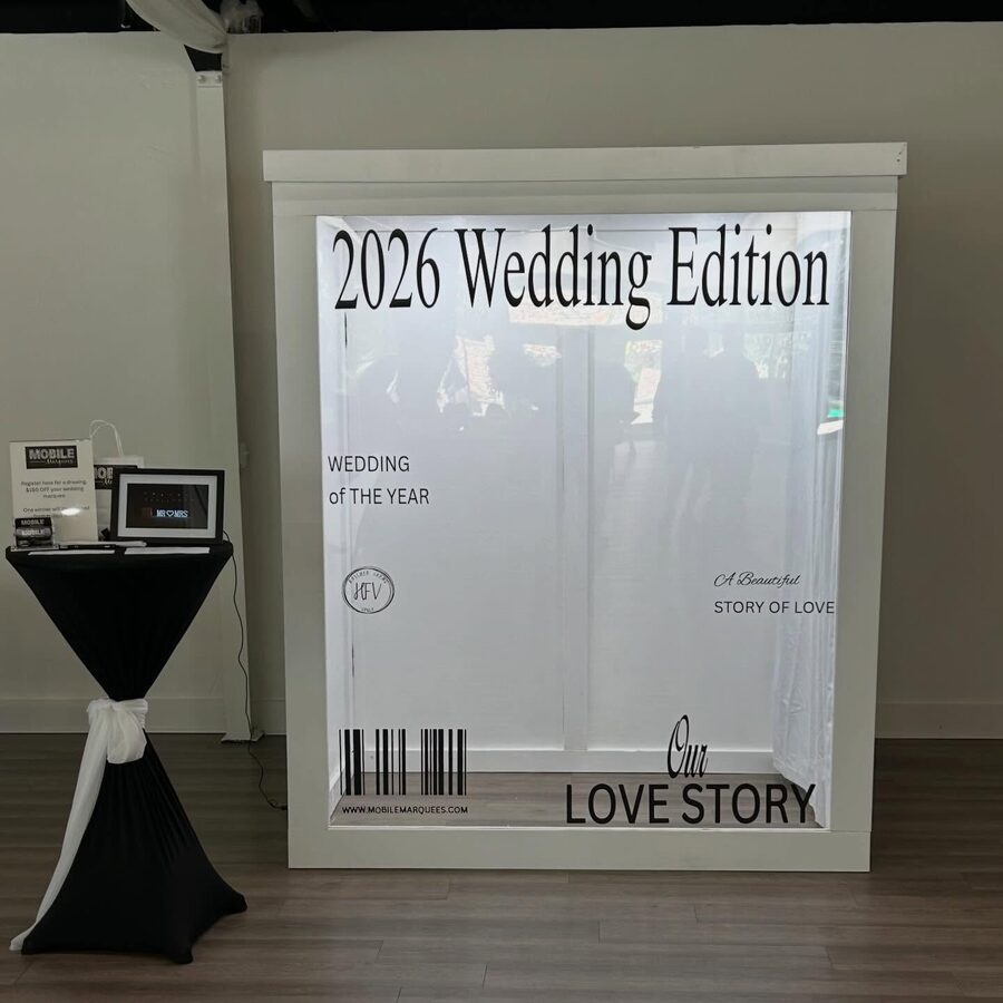 The Magazine Photo Booth cover frame set up and ready for guests